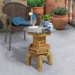 Tranquil Pagoda Illuminated Glass-Topped Plant Stand